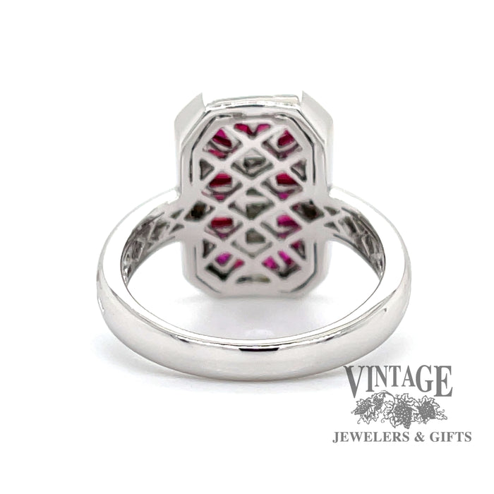 Vintage inspired 14 karat white gold natural ruby and diamond octagonal shape ring, rear view showing the beautifully finished gallery
