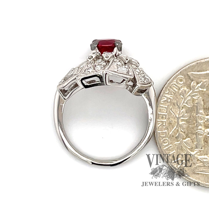 Platinum vintage Art Deco Natural ruby and diamond ring, side view through finger, shown with quarter for size reference