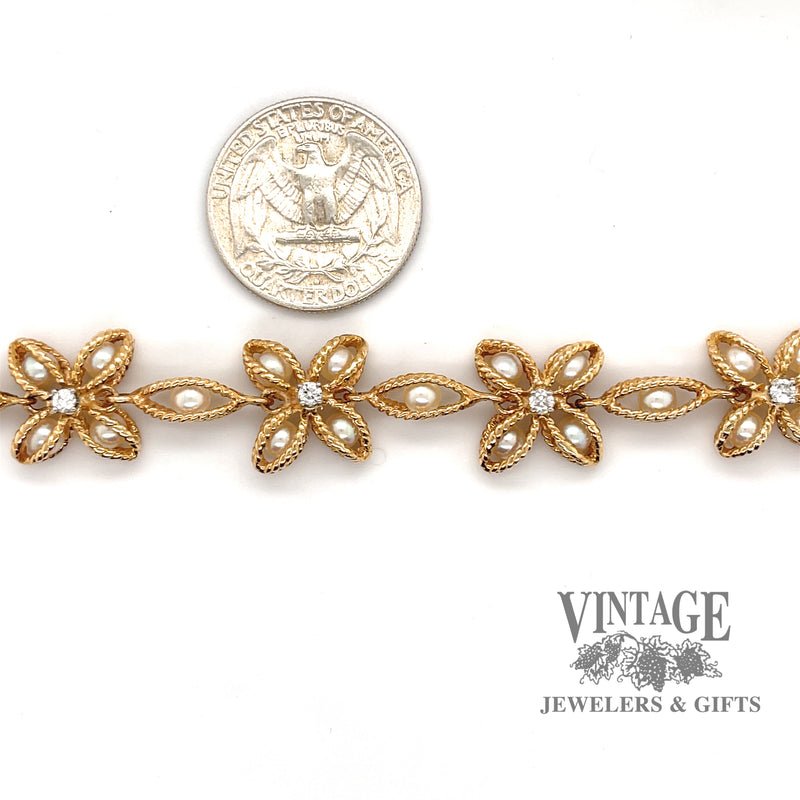 7" Pearl basket and diamond gold link bracelet