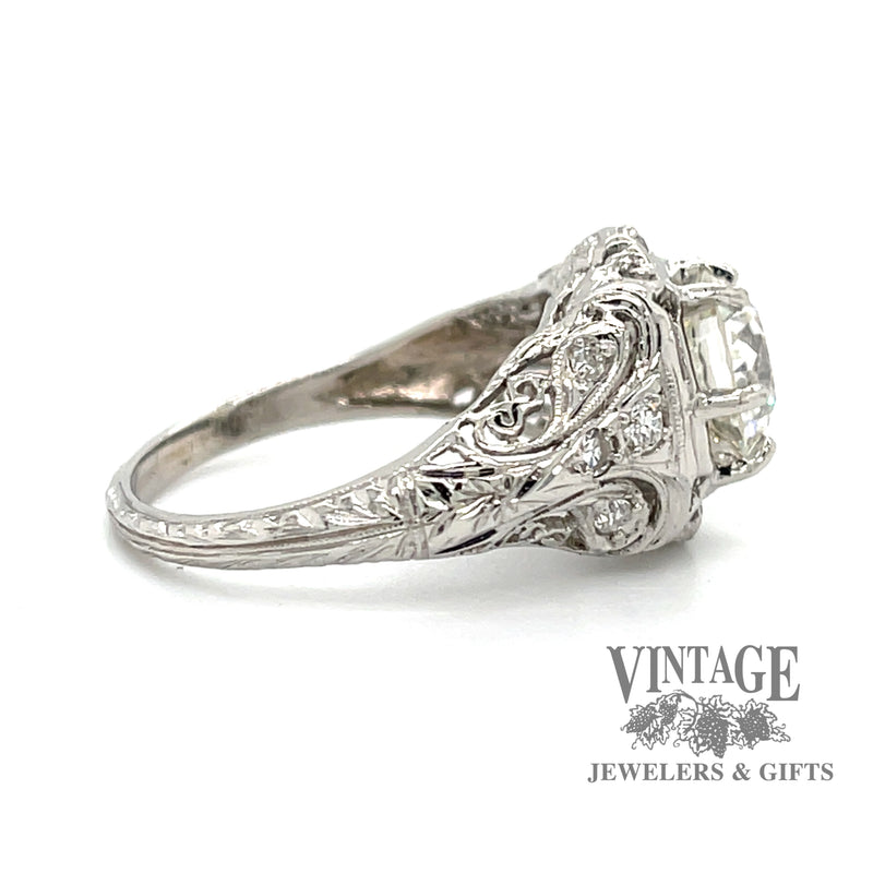  Antique hand fabricated platinum filigree diamond ring, side view