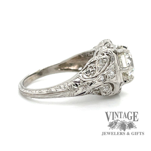  Antique hand fabricated platinum filigree diamond ring, side view