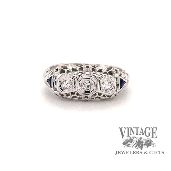 18 karat white gold vintage filigree diamond and sapphire ring