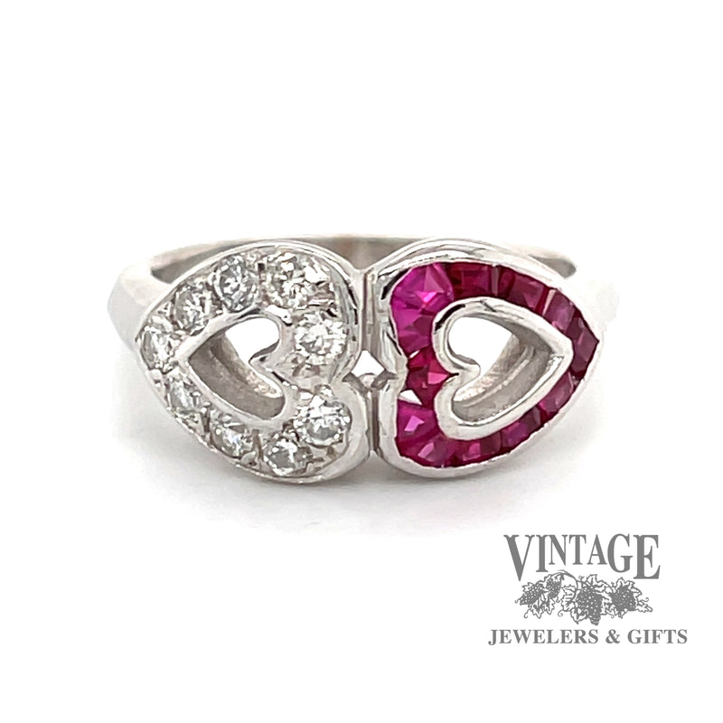 14 karat white gold mirrored hearts ruby and diamond ring