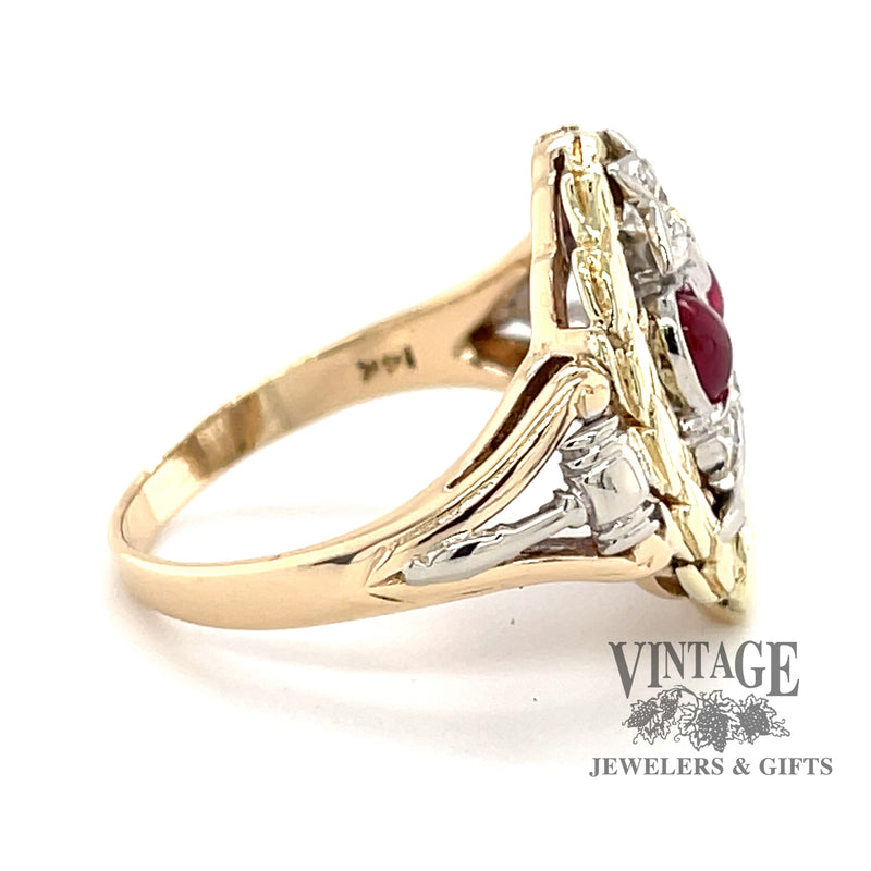 14 karat two-tone gold Ruby and diamond Eastern Star ring, side view
