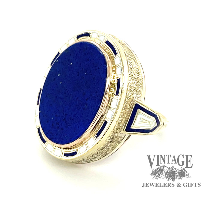 14 karat yellow gold vintage Lapis and Cloisonné glass fused enamel ring, angeled view