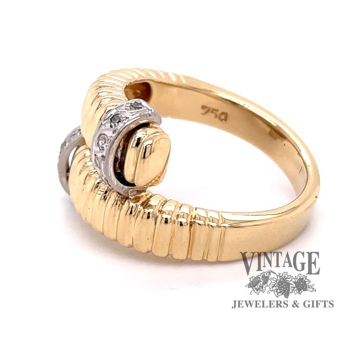 18 karat yellow gold fluted bypass diamond ring, side view
