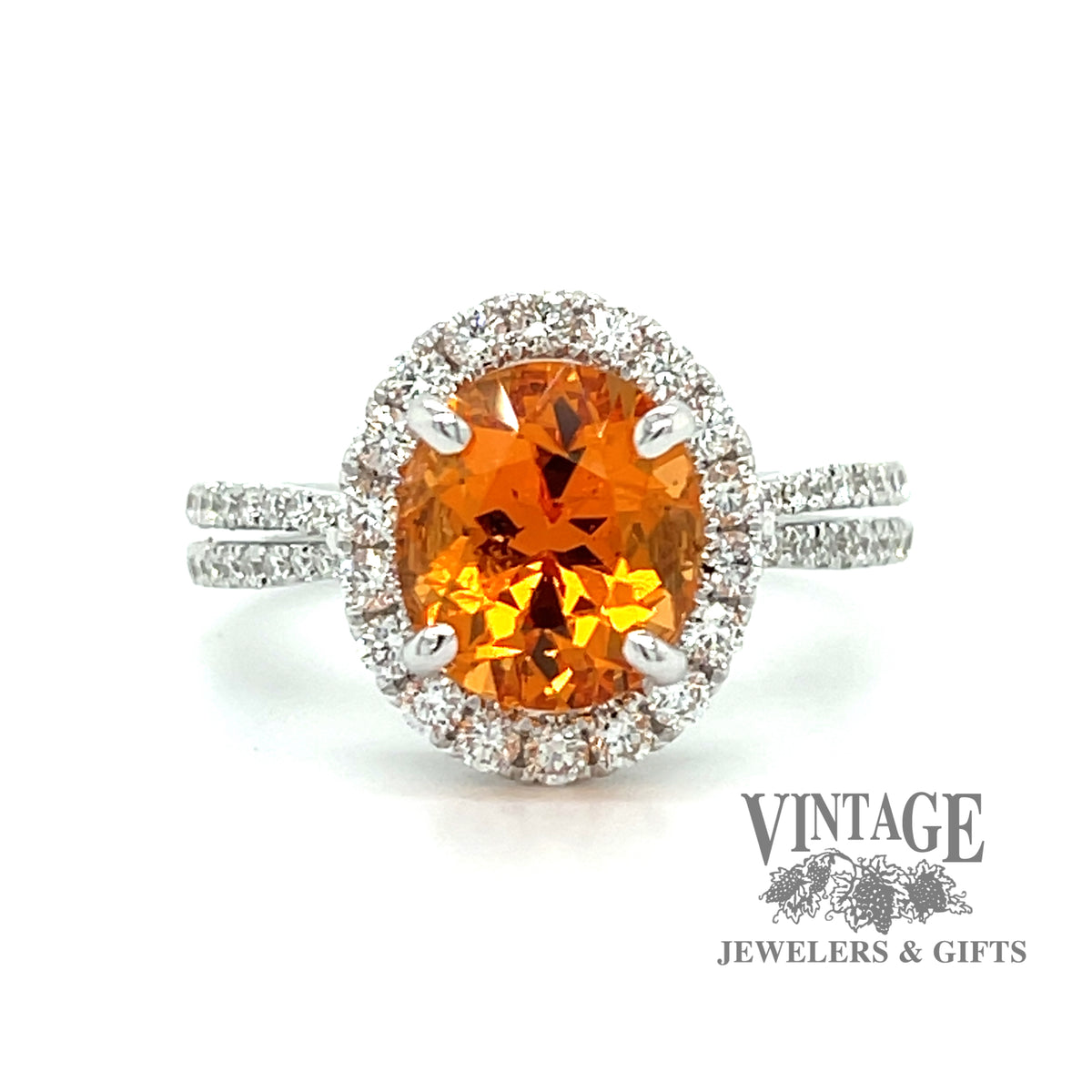 3.56 carat mandarin garnet and diamond 18kw gold ring — Vintage