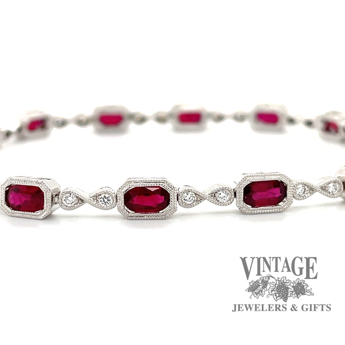 14 karat white gold ruby and diamond link bracelet, close up