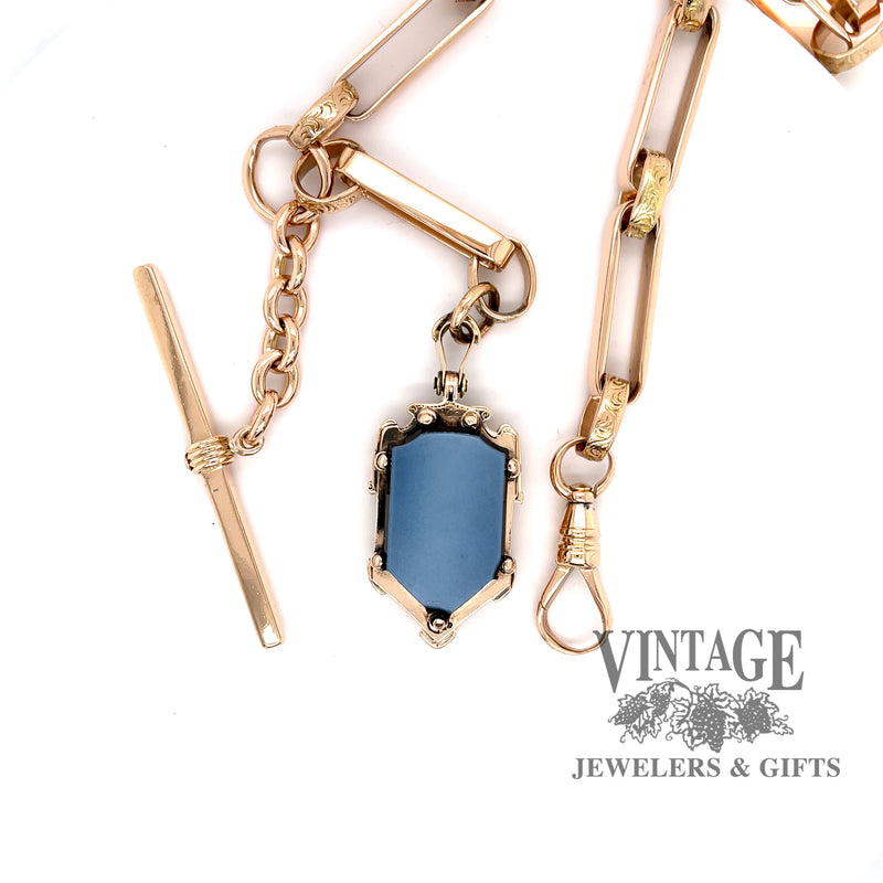 Vintage 14k gold pocket watch chain and mourning fob, showing onyx side of fob.