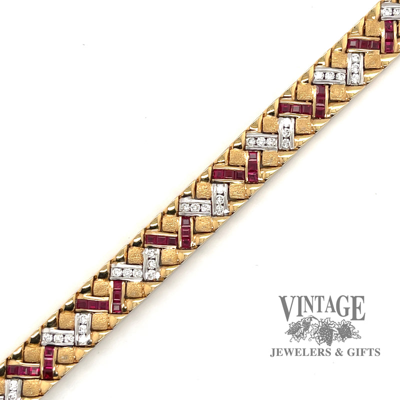 Yellow gold caliber cut natural ruby/diamond bracelet