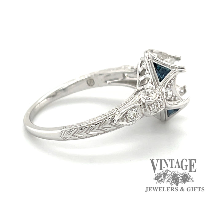 14 karat white gold Sapphire and diamond art deco style semi-mount ring for 6.5 mm center stone, side view