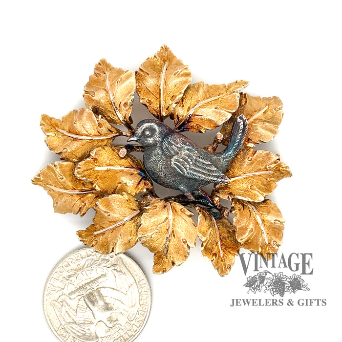 Buccellati 18 karat yellow gold bird in leaves pendant or pin, shown with quarter for size reference