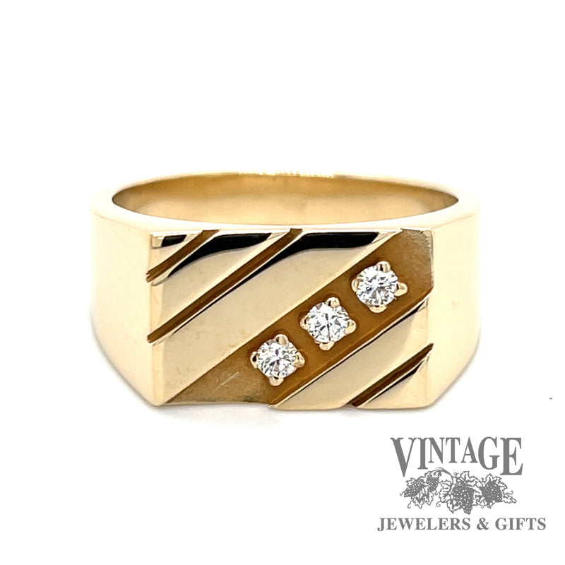 Diagonal striped rectangular 10ky gold and diamond signet ring