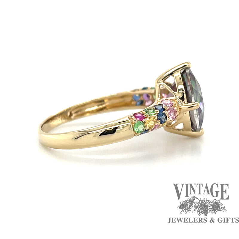 14 karat yellow gold mystic topaz multi color pave ring, side view
