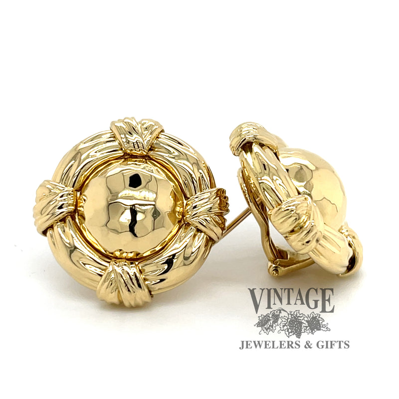 18 karat yellow gold hammered dome omega clip pierced earrings