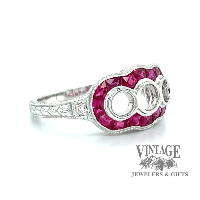Ruby and diamond vintage inspired three stone 14kw gold ring