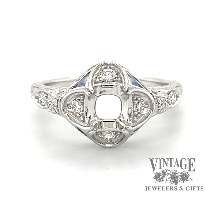 14 karat white gold Sapphire and diamond art deco style semi-mount ring for 6.5 mm center stone