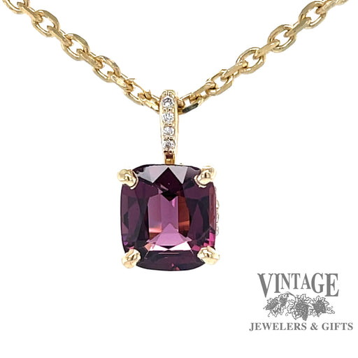 14 karat yellow gold Pink spinel and diamond pendant, front view