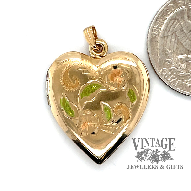 Floral heart locket in 14k multi color gold