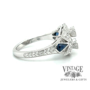 Edwardian inspired hand engraved cabochon sapphire and diamond 14kw gold ring