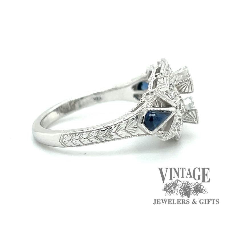 Edwardian inspired hand engraved cabochon sapphire and diamond 14kw gold ring