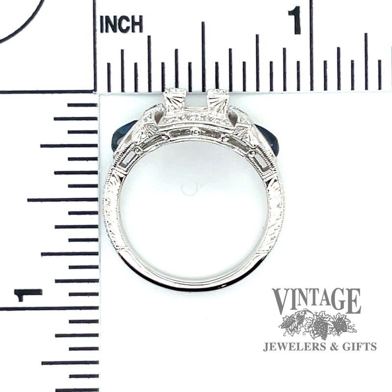 Edwardian inspired hand engraved cabochon sapphire and diamond 14kw gold ring scale