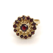 18 karat yellow gold filigree garnet cluster ring