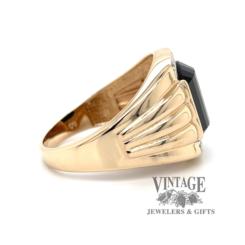 14 karat yellow gold faceted onyx and diamond tapered ring, side view
