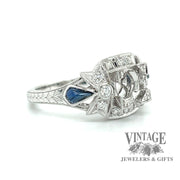 Edwardian inspired hand engraved cabochon sapphire and diamond 14kw gold ring angle