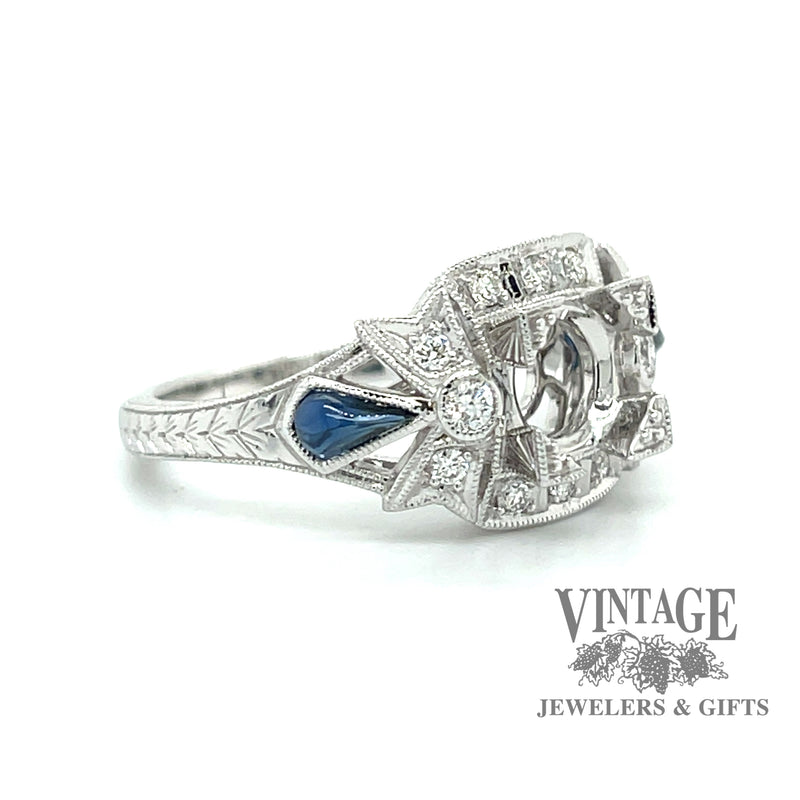 Edwardian inspired hand engraved cabochon sapphire and diamond 14kw gold ring angle