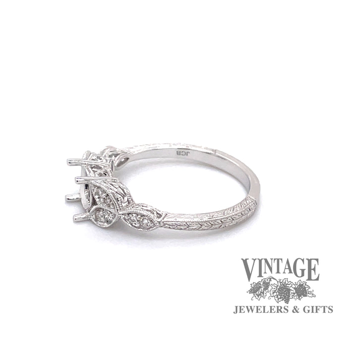 14 karat white gold, vintage inspired, leaf design diamond semi ring mounting, side view