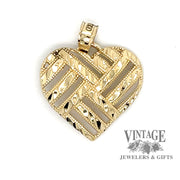 10 karat yellow gold basketweave design diamond cut heart pendant