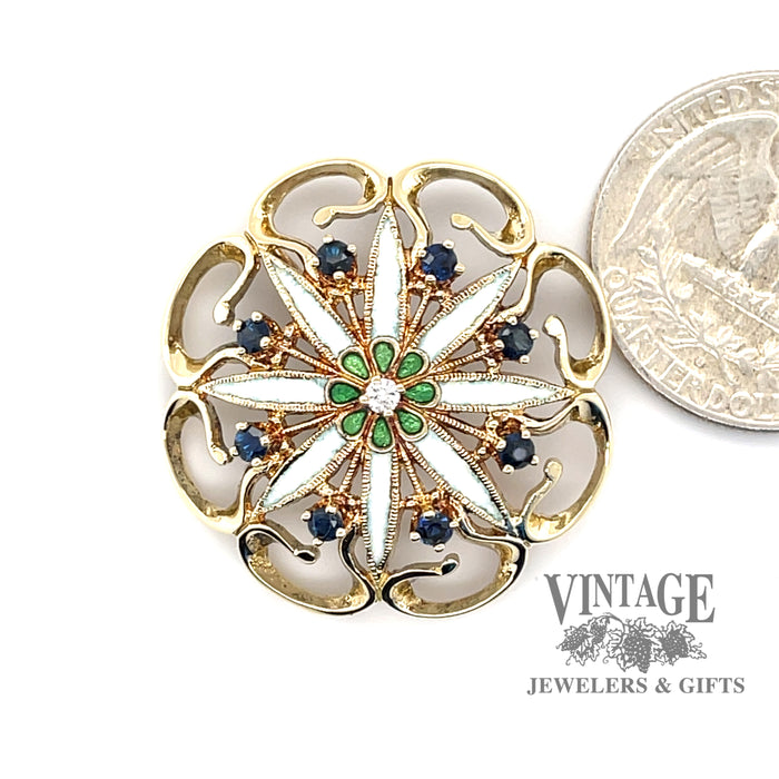 14 karat yellow gold Cloisonné glass fused sapphire and diamond pin, shown with quarter for size reference