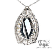 18 karat white gold Art Deco Aquamarine, diamond and pearl pendant/pin, rear view