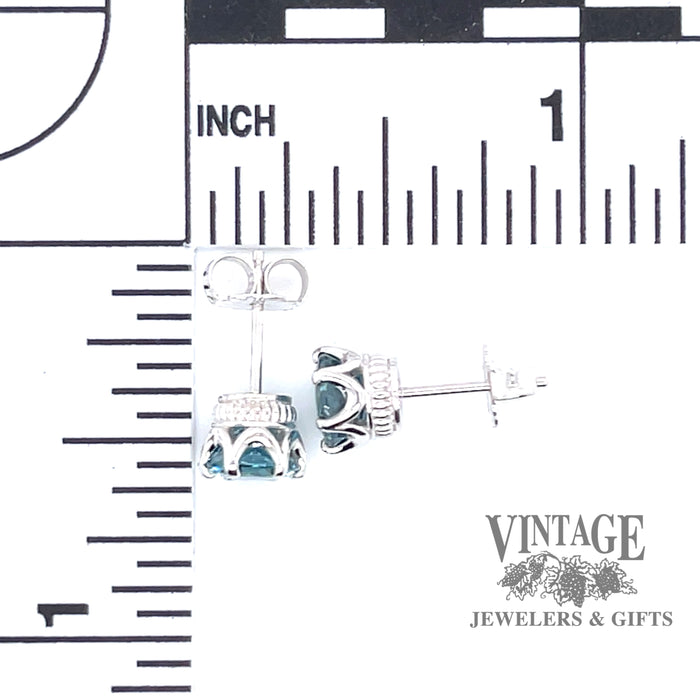 14 karat white gold 2.78 carat total weight blue zircon pierced stud earrings with measurements