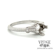 14 karat white gold Edwardian inspired diamond semi-mount ring, angled view