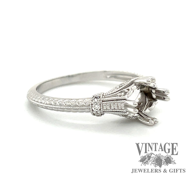 14 karat white gold Edwardian inspired diamond semi-mount ring, angled view