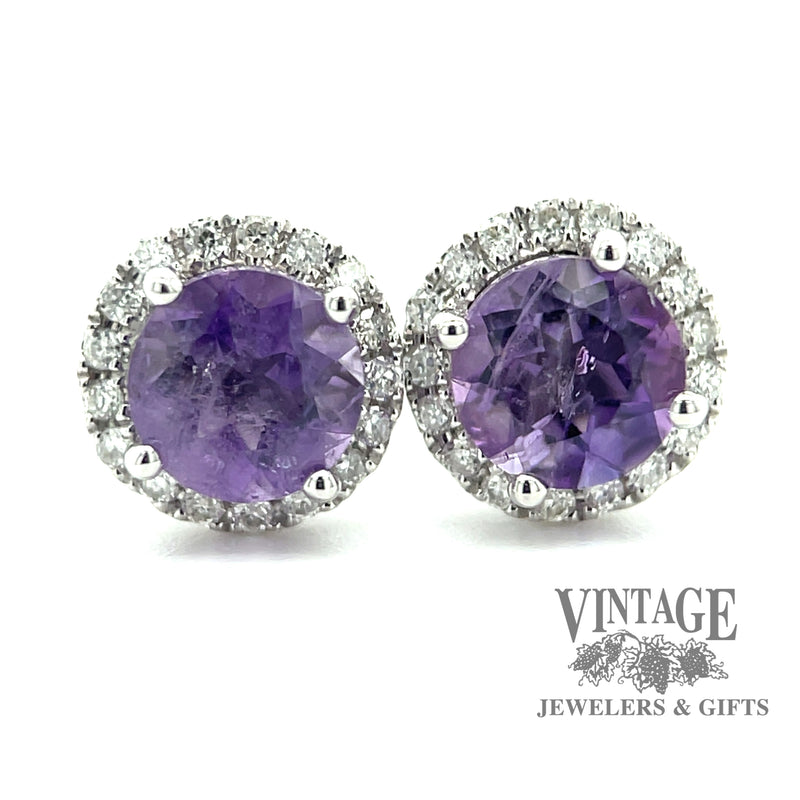 Amethyst and diamond 14kw gold halo stud earrings