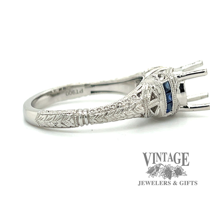 Hand Engraved platinum and sapphire vintage inspired ring
