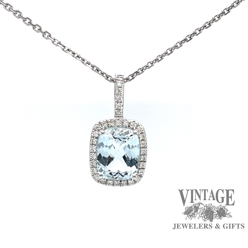 14 karat  white gold aquamarine with diamond halo pendant, front