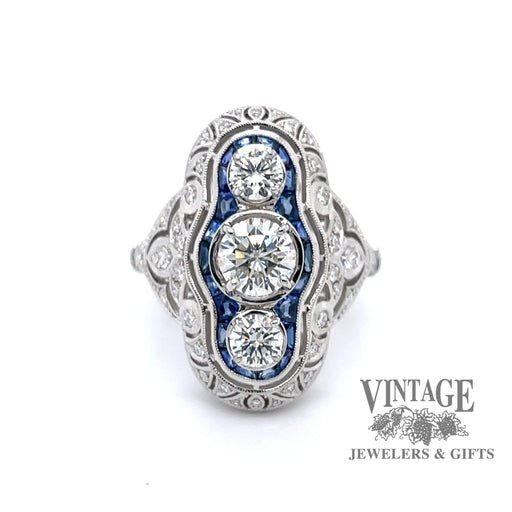 14k white gold vintage inspired filigree 3-stone diamond and sapphire ring