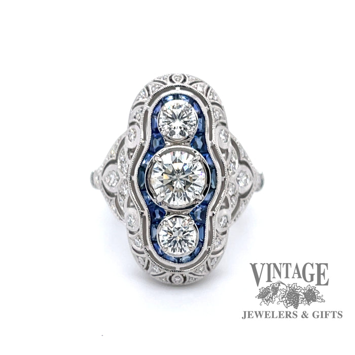 14k white gold vintage inspired filigree 3-stone diamond and sapphire ring