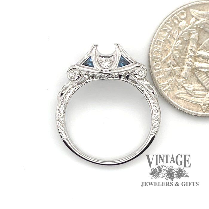 14 karat white gold Sapphire and diamond art deco style semi-mount ring for 6.5 mm center stone, side through finger, shown with quarter for size reference