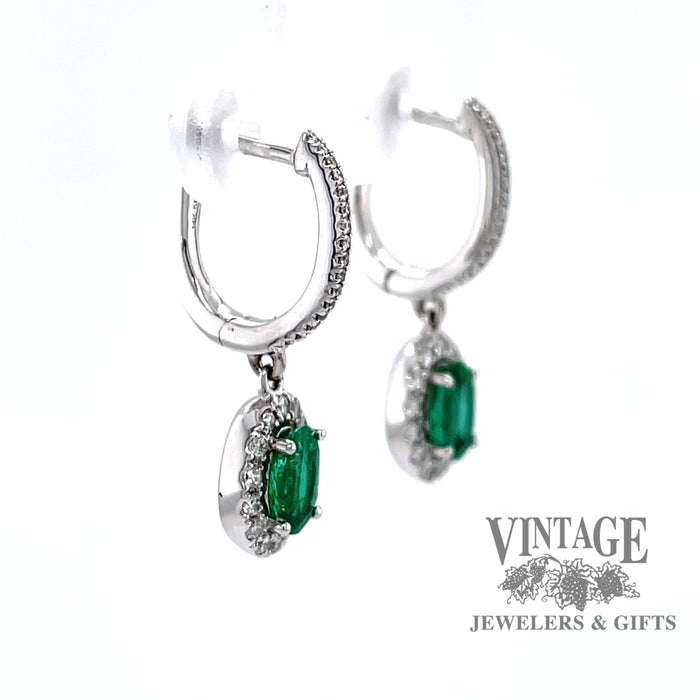 .90ctw Emerald halo diamond drop white gold earrings