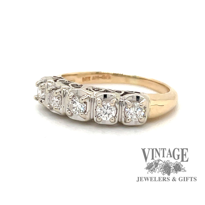 Vintage illusion straight diamond band in two tone 14k gold