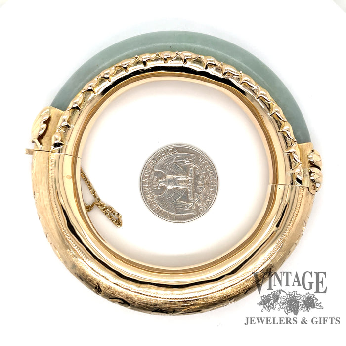 Jadeite 14ky engraved hinged bangle bracelet quarter for scale