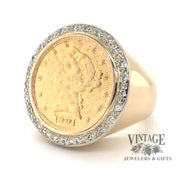 U.S. half eagle Liberty gold coin and diamond 14k ring, angled view