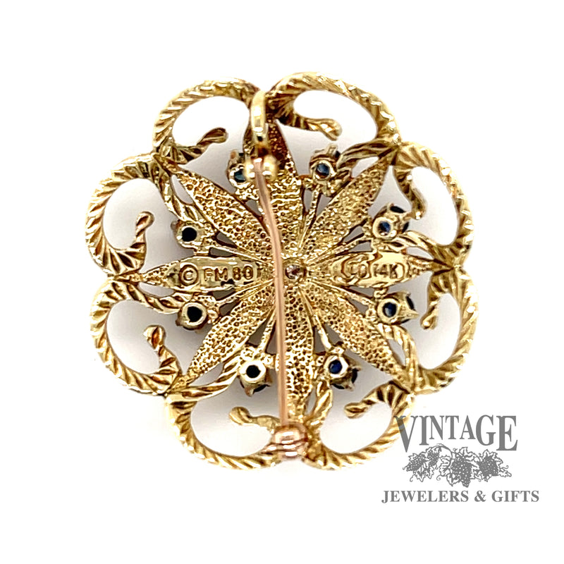 14 karat yellow gold Cloisonné glass fused sapphire and diamond pin, rear view