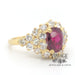 18k gold natural 1.60 ct ruby and diamond ring, angled front/side view.
