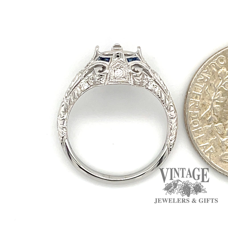 14 karat white gold hand engraved diamond and sapphire ring semi mount, side view through finger, shown with quarter for size reference